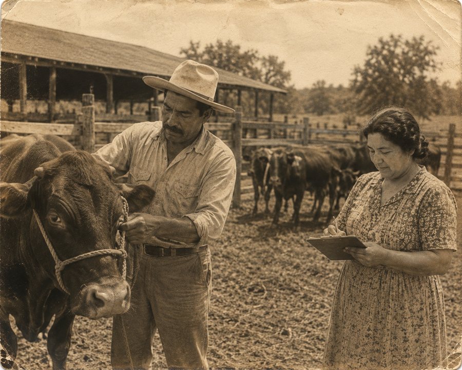 Don Gervasio sujeta un toro mientras Gertrudis anota en su cuaderno