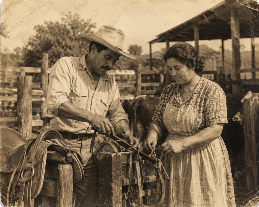Don Gervasio y Gertrudis reparan los aperos juntos